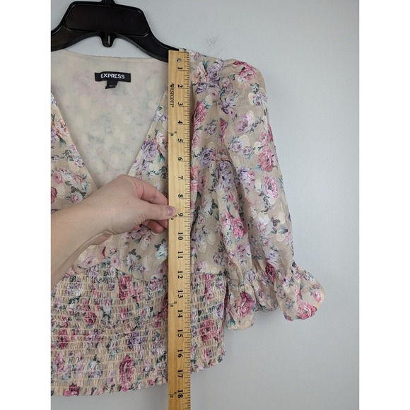 Express Women's Floral Puff Sleeve Smocked V-Neck S Cropped Top Boho Cottagecore - Picture 6 of 9